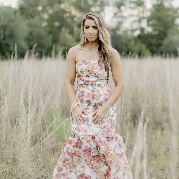 NWT Lulus Fleur of Dreams Ivory and Pink Floral Print Organza Maxi Dress - Picture 11 of 14